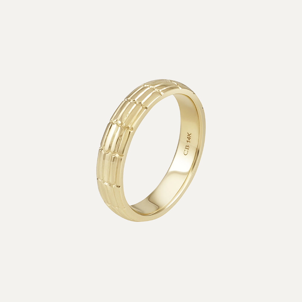 14K Yellow Gold Architectural Design Hand Engraved Men's Wedding Band Ring