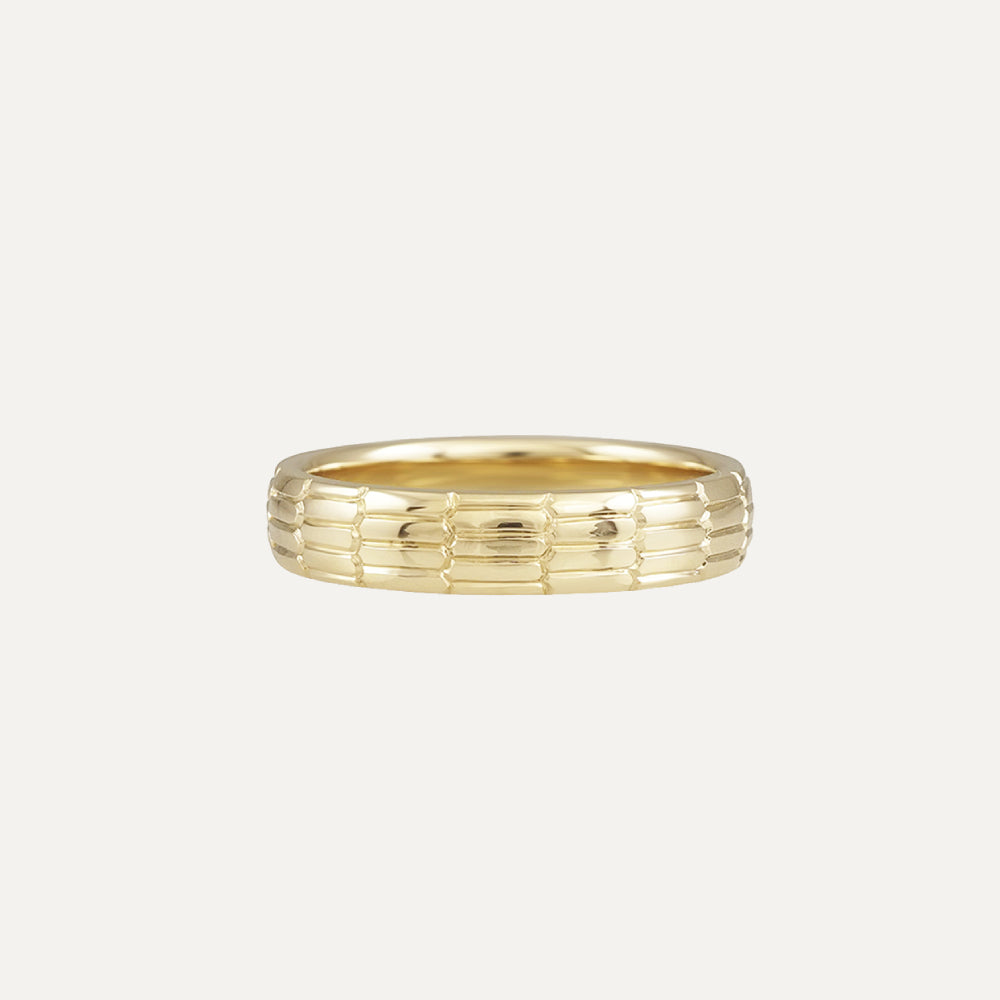 14K Yellow Gold Architectural Design Hand Engraved Men's Wedding Band Ring