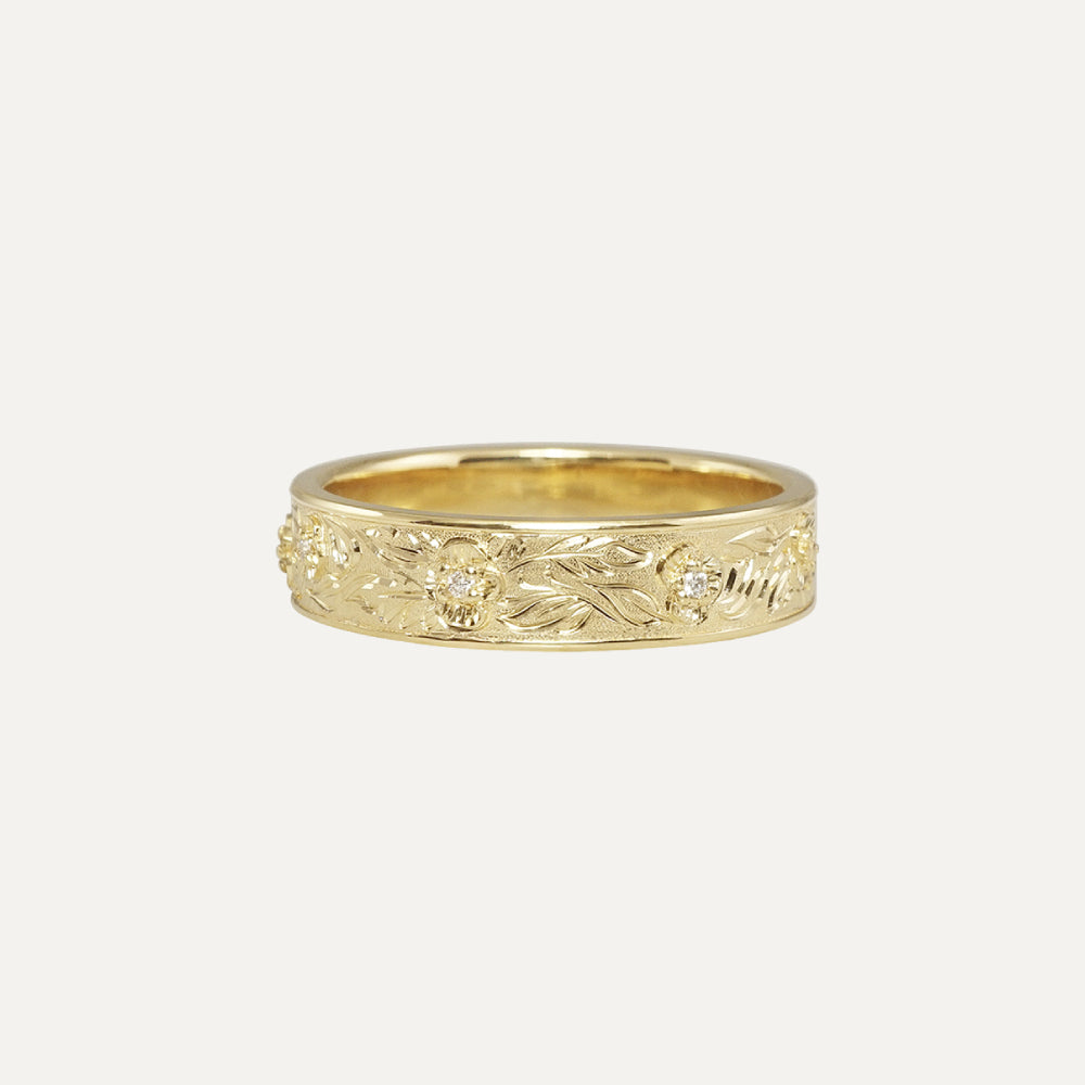 18K Yellow Gold Hand Engraved Floral Men's Ring - Main Image