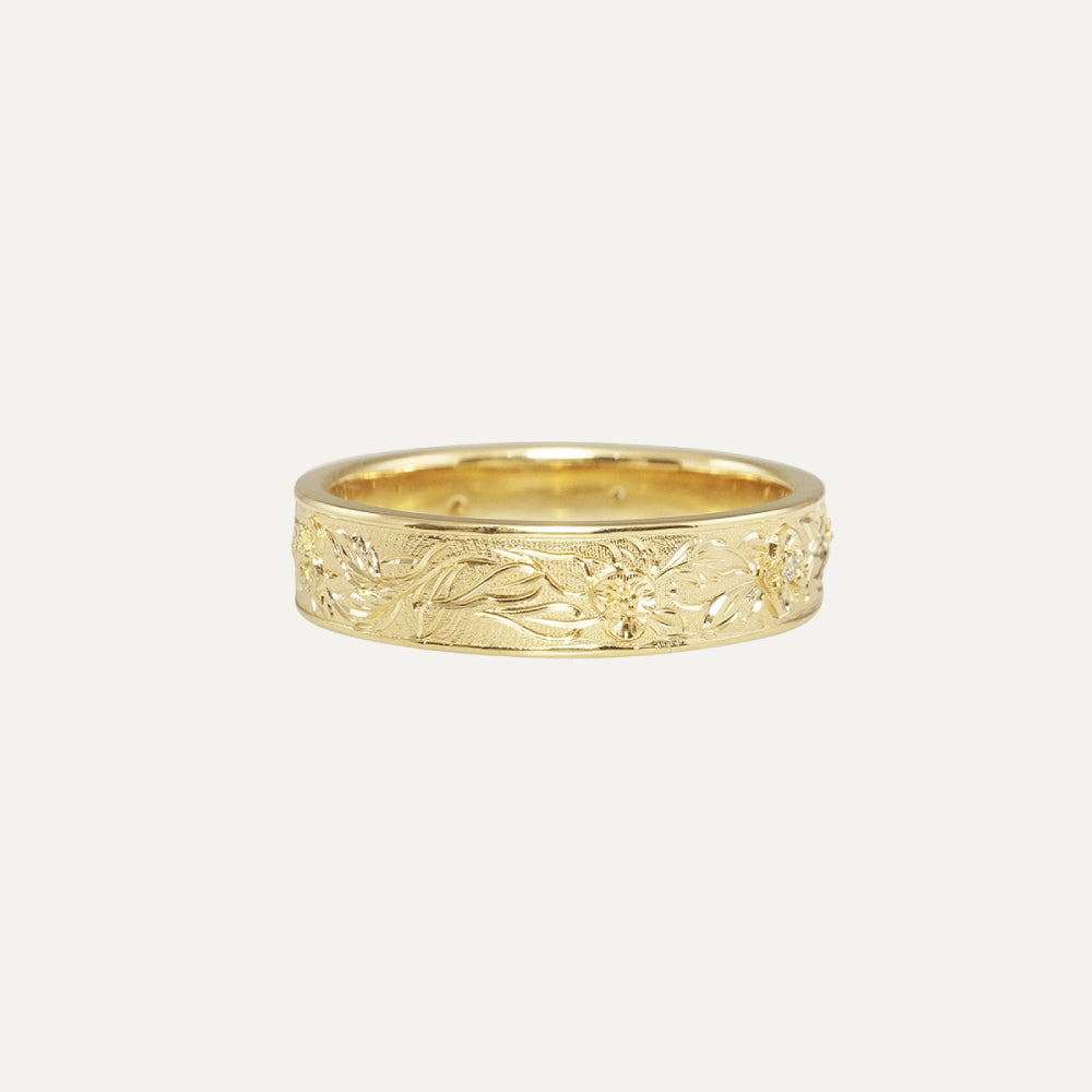 18K Yellow Gold Hand Engraved Floral Men's Wedding Band Ring