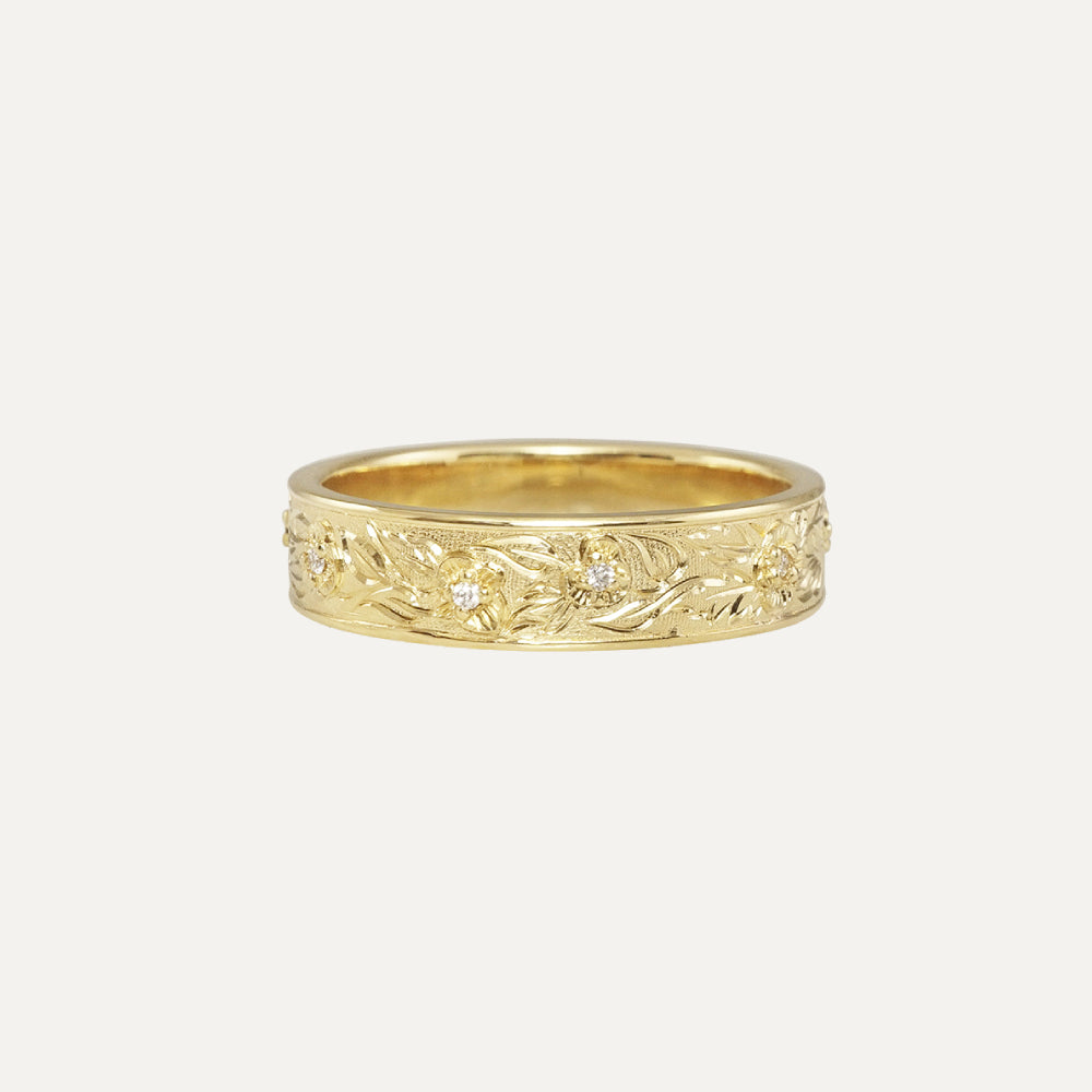 18K Yellow Gold Hand Engraved Floral Men's Wedding Band Ring