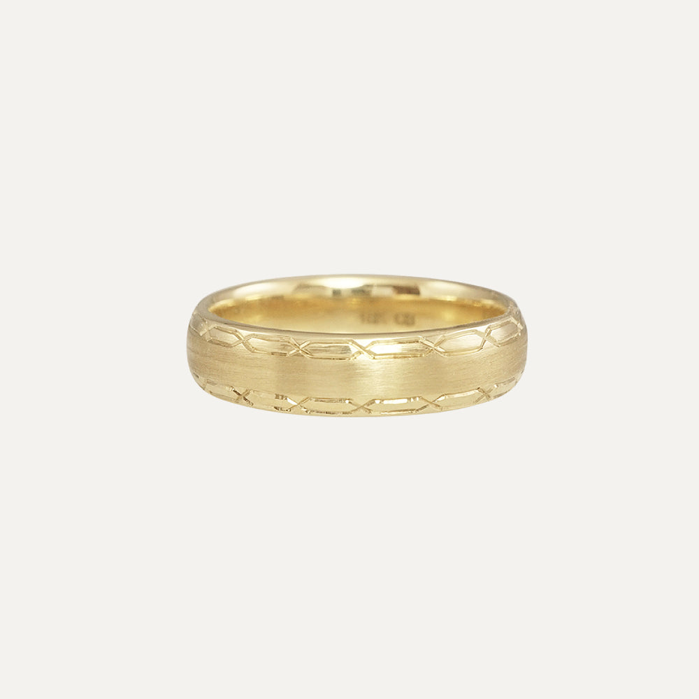 18K Yellow Gold Side Architectural Design Men's Wedding Band Ring