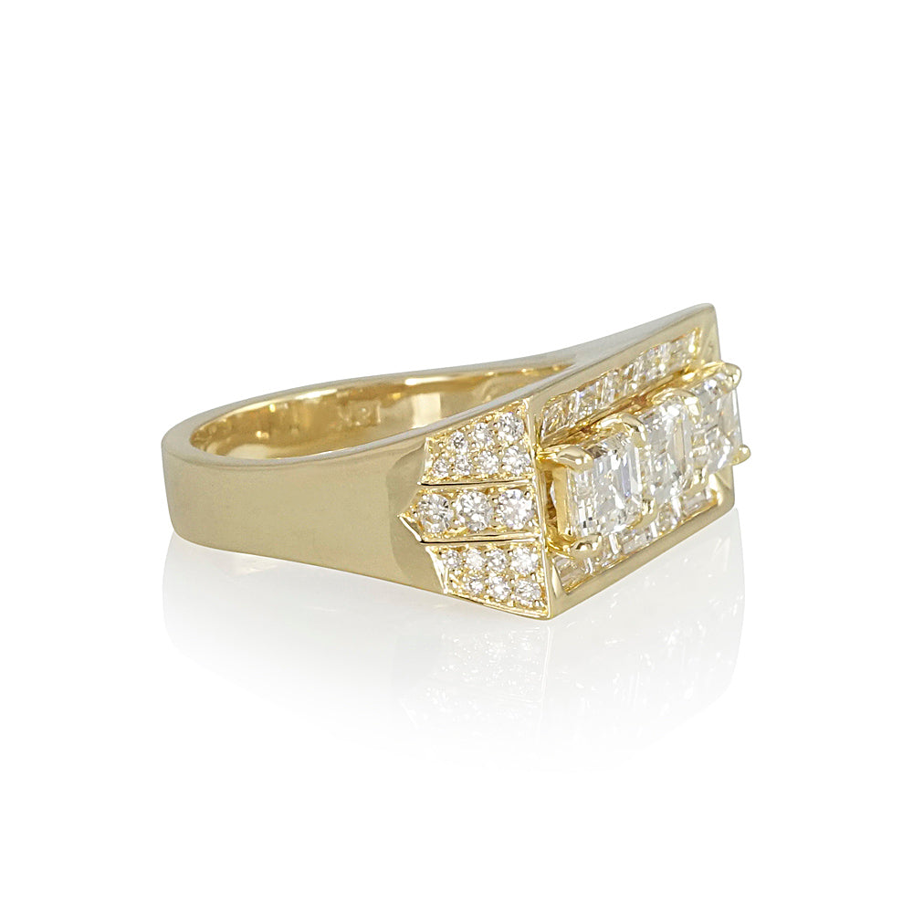 Exceptional Wide Band Emerald Cut Diamond Ring for Anne