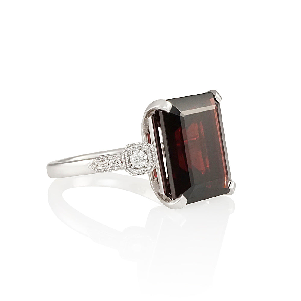 Art Deco Inspired Emerald Cut Garnet Engagement Ring for Kelby