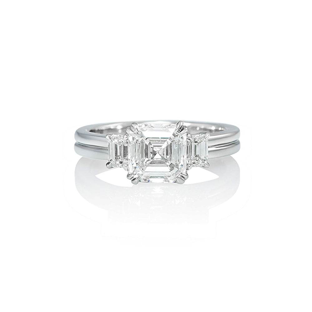 Asscher Cut and Emerald Cut Three Stone Engagement Ring for Bea