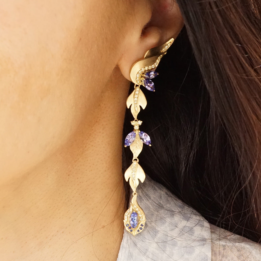 Yellow Gold Leaf Drop Earrings with Fancy Yellow Diamonds and Tanzanites