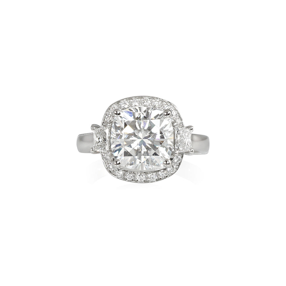 Cushion Cut Halo Engagement Ring with Side Trapezoid