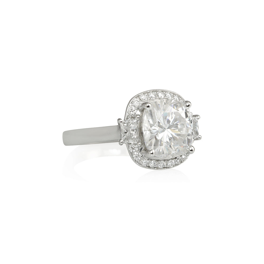 Cushion Cut Halo Engagement Ring with Side Trapezoid