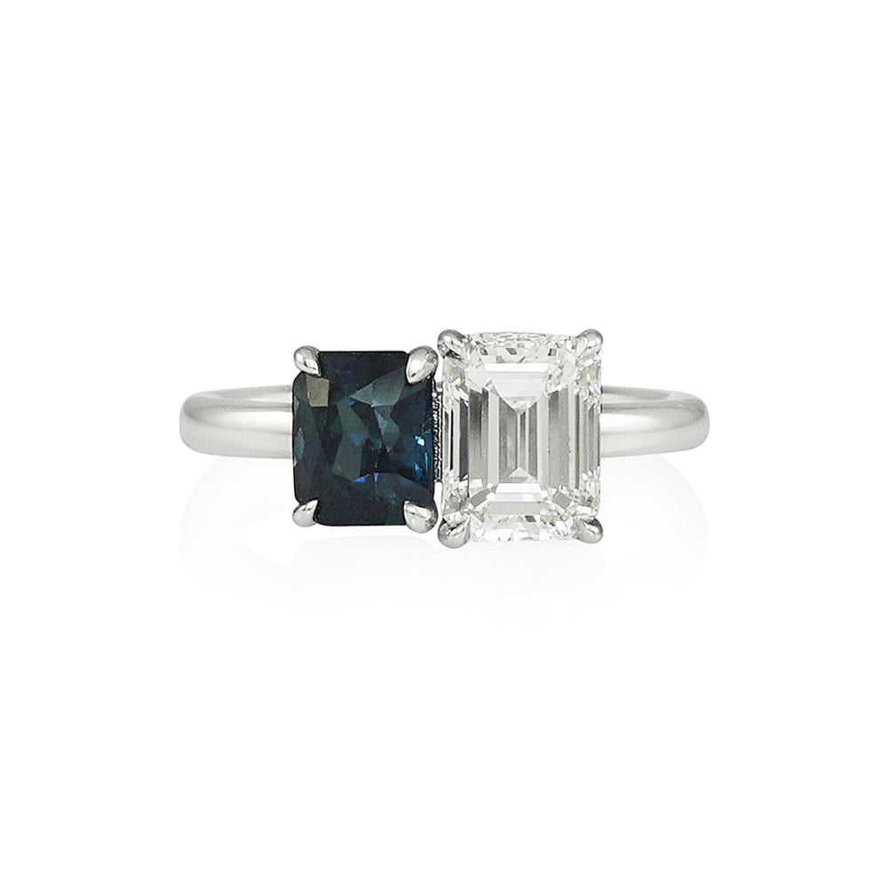 Emerald Cut Diamond and Teal Sapphire Two Stone Engagement Ring for Simone