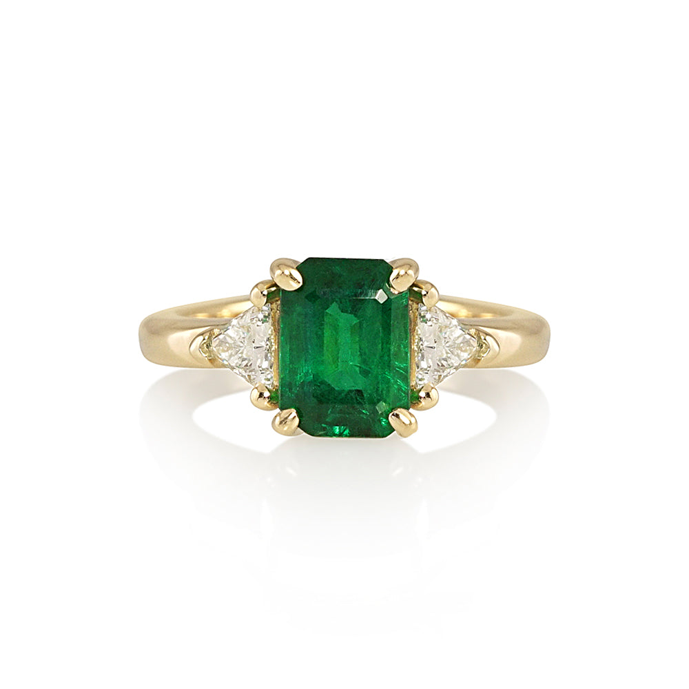 Emerald and Trillion Diamond Three Stone Engagement Ring