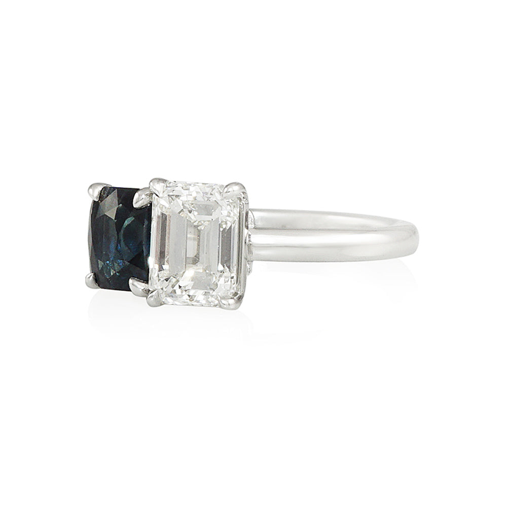 Emerald Cut Diamond and Teal Sapphire Two Stone Engagement Ring for Simone