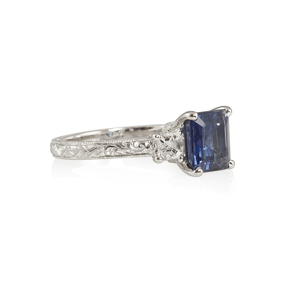 Sapphire Three Stone with Hand Engraving for Jan