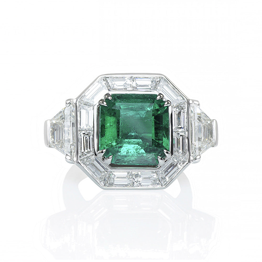 Extraordinary Green Emerald Ring with Diamond Halo for Katie