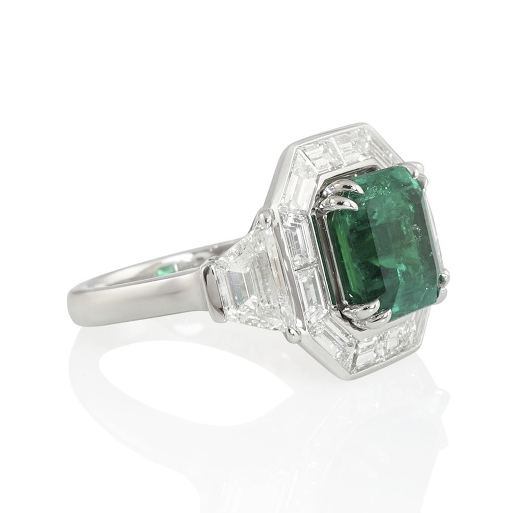 Extraordinary Green Emerald Ring with Diamond Halo for Katie