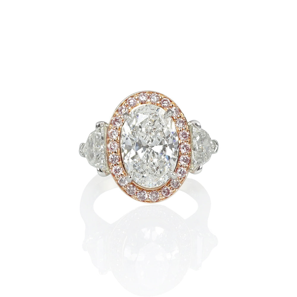 Oval and Pink Diamond Halo Three Stone Engagement Ring for Laurel