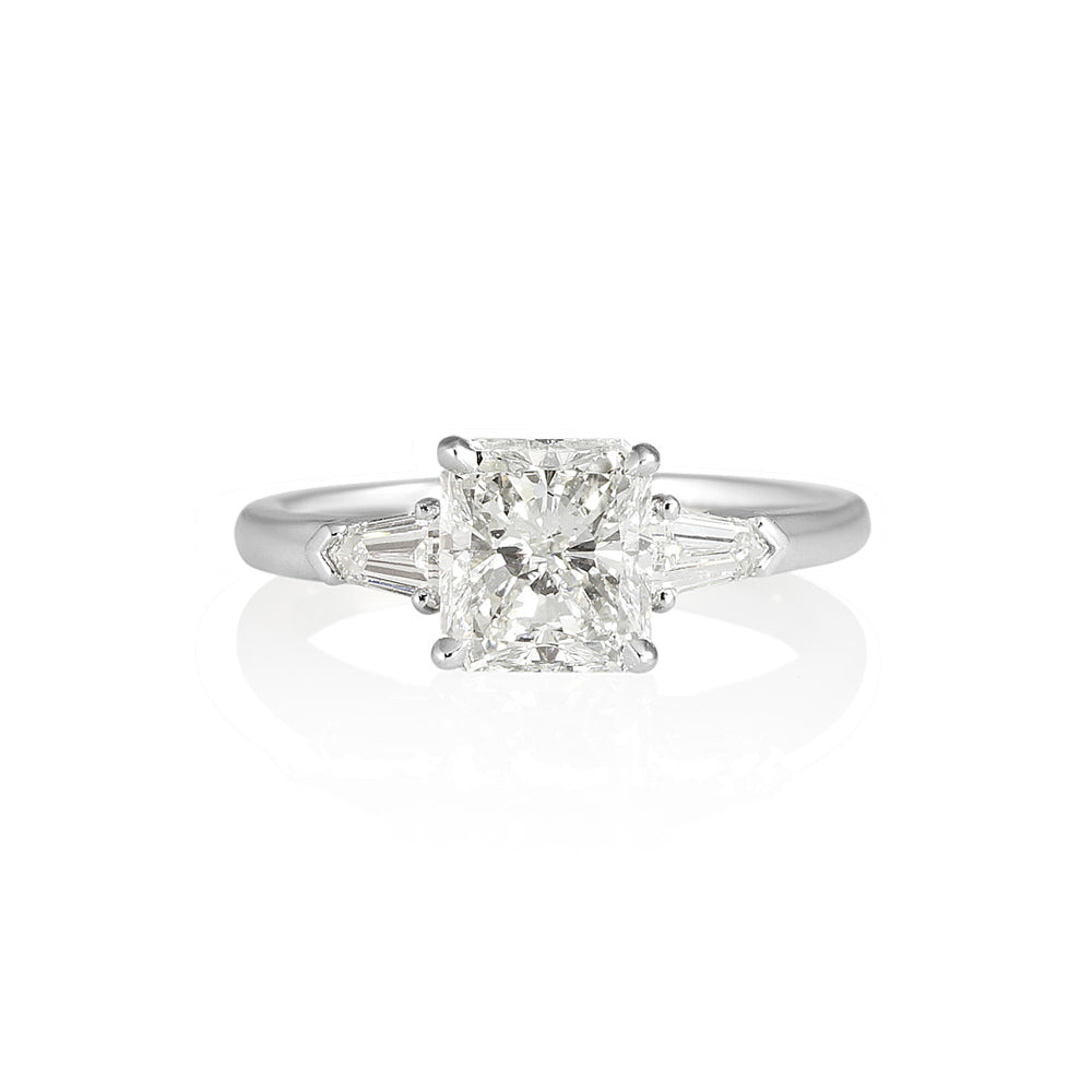 Lindsey Radiant Cut and Tapered Bullets Three Stone Ring