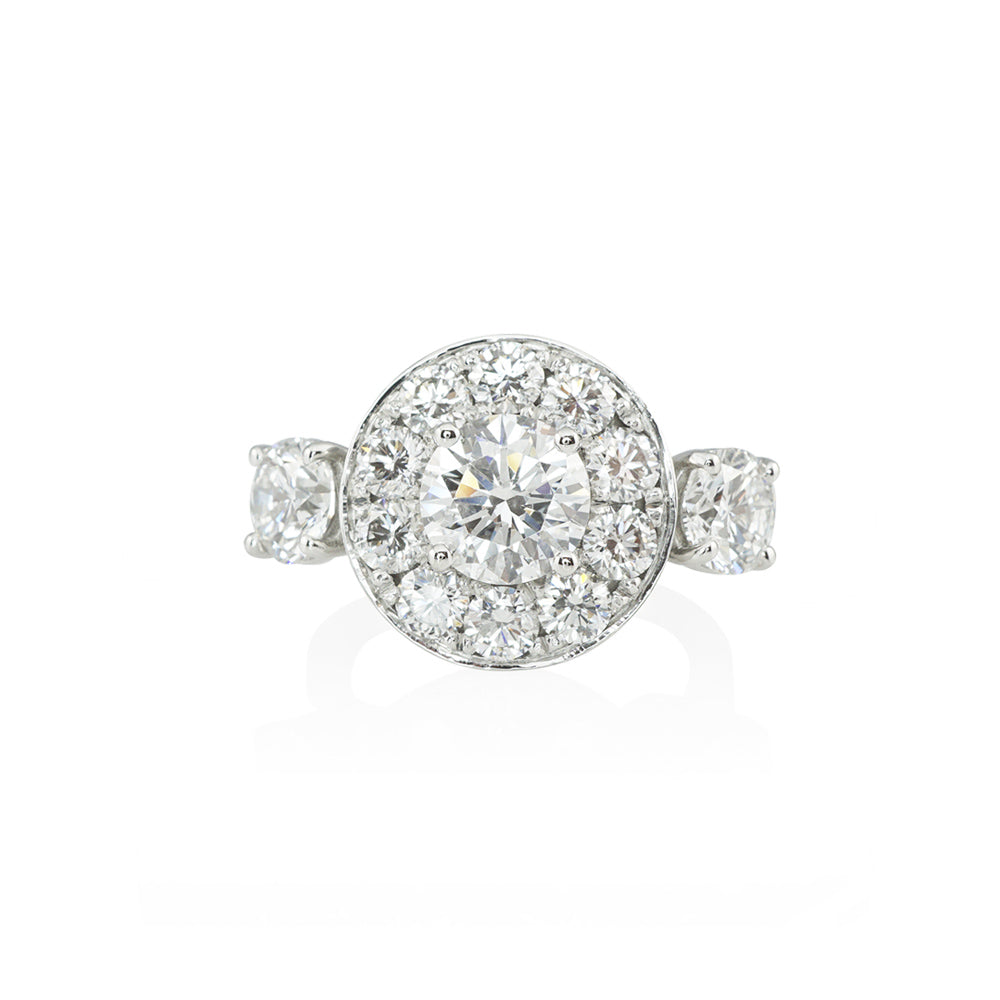 Diamond Halo Three Stone Engagement Ring for Marisa