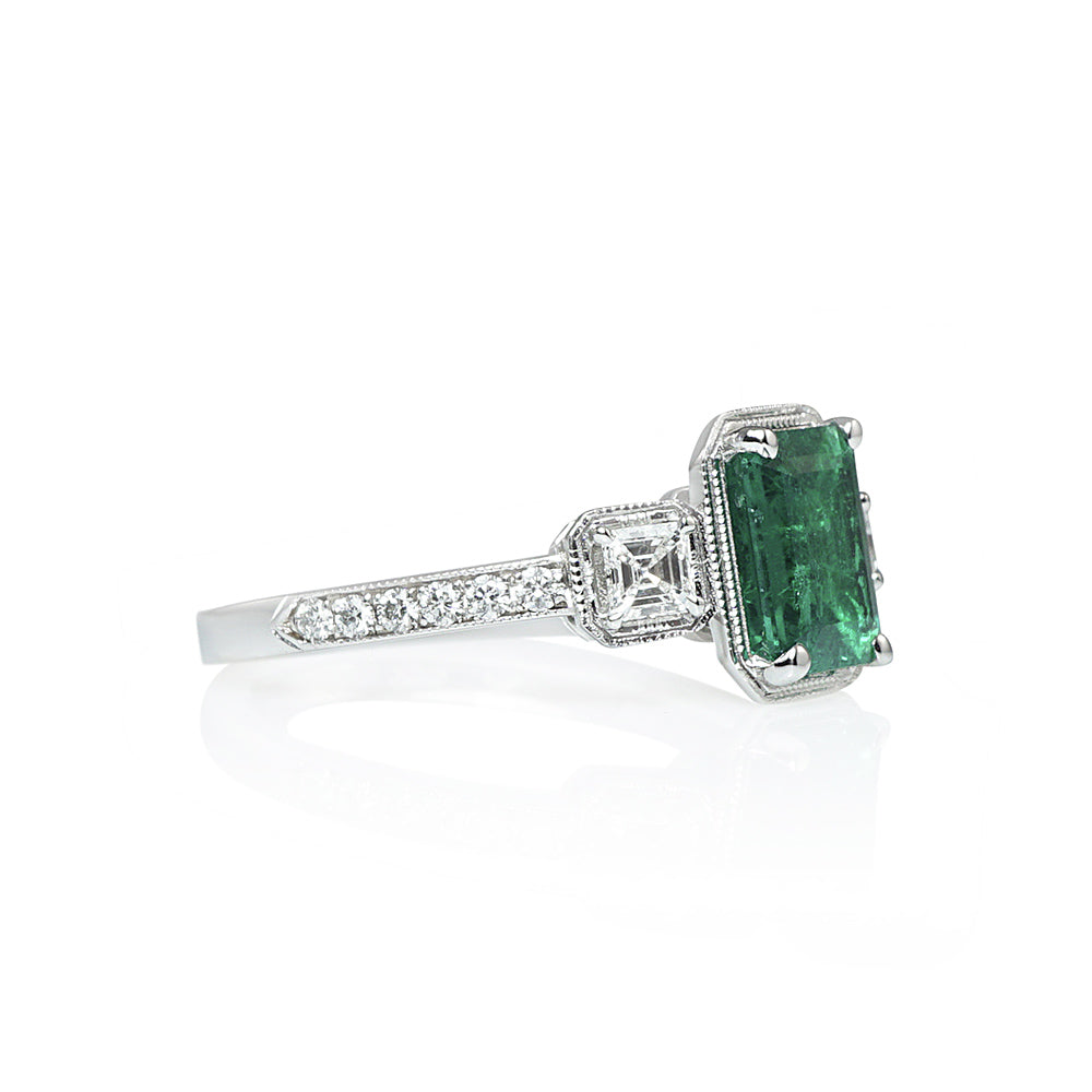 Emerald Three Stone Engagement Ring for Martha