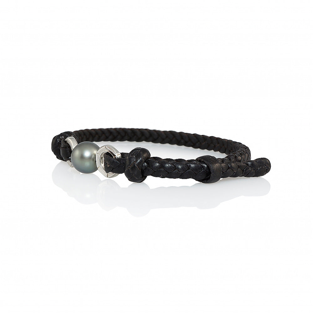 Men's Tahitian Pearl and Handwoven Leather Bracelet