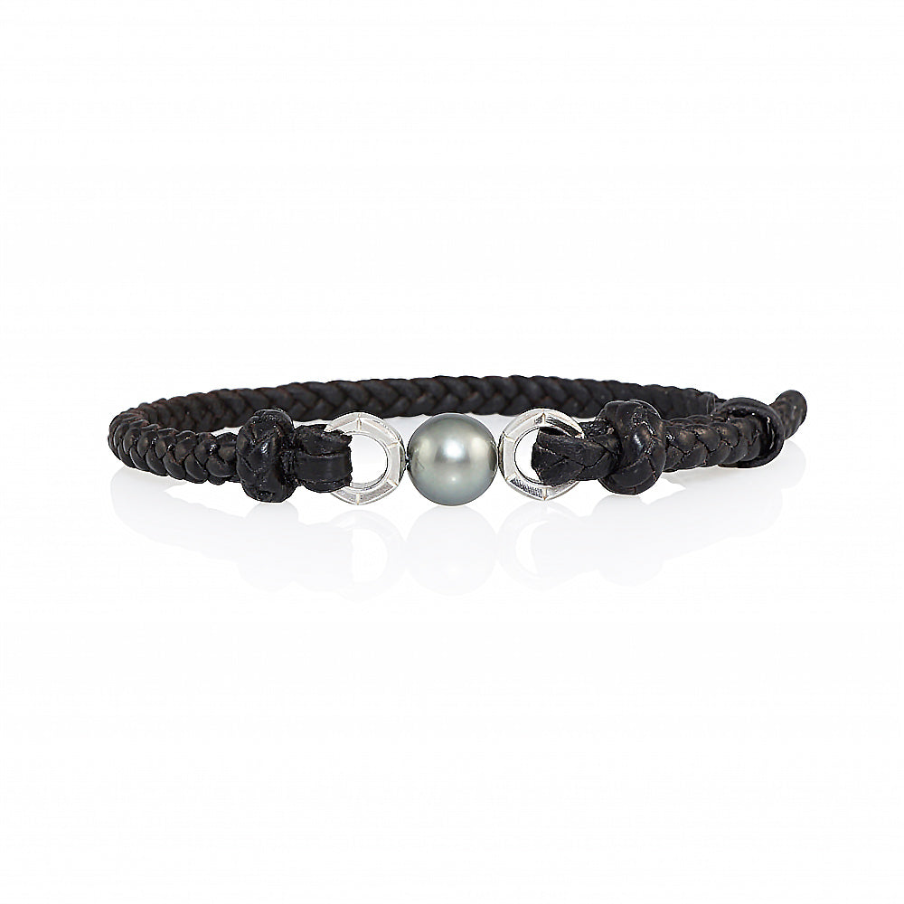 Men's Tahitian Pearl and Handwoven Leather Bracelet