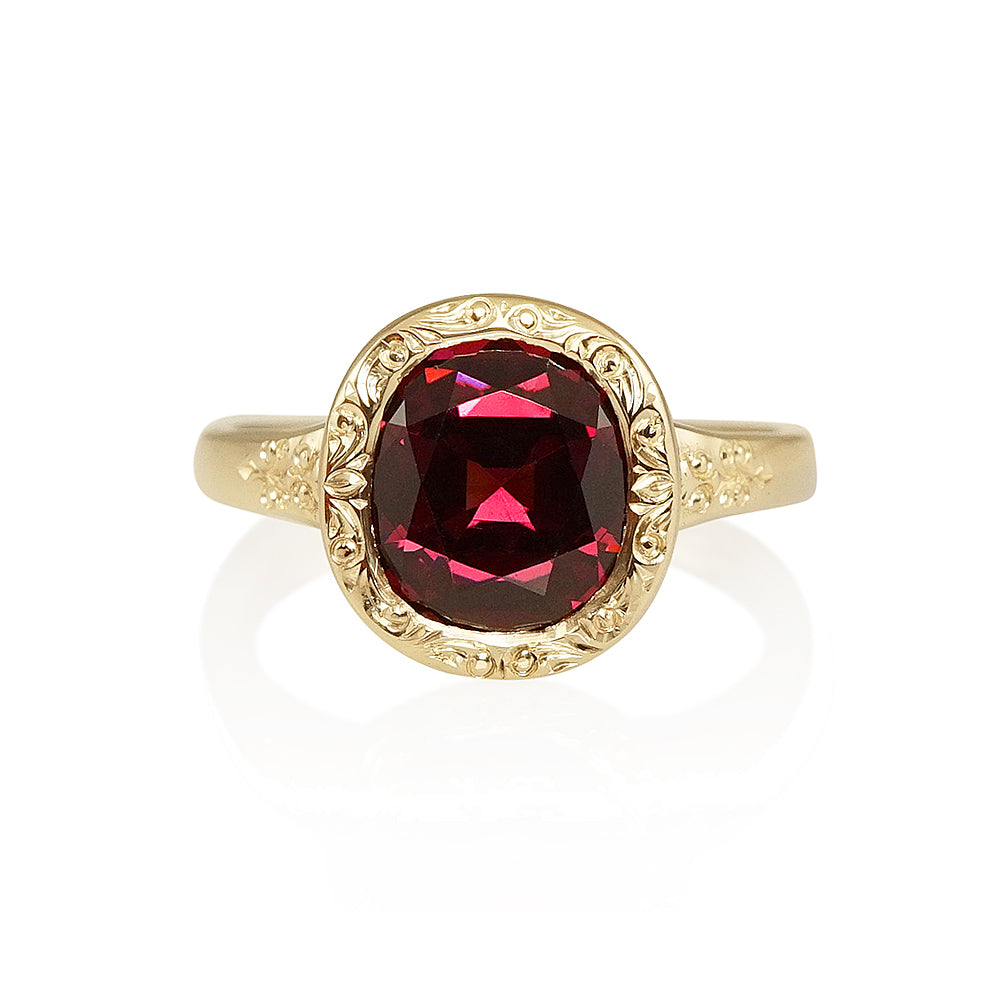 Hand Engraved Garnet Engagement Ring for Molly