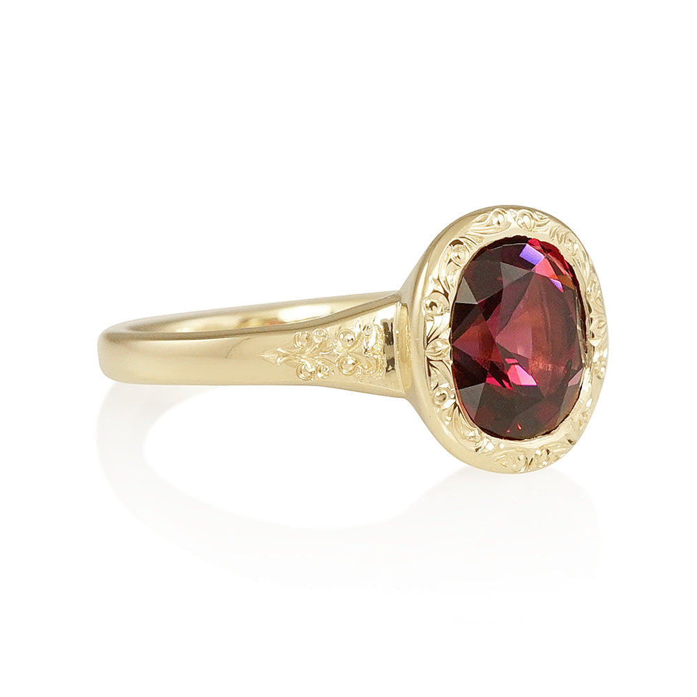 Hand Engraved Garnet Engagement Ring for Molly