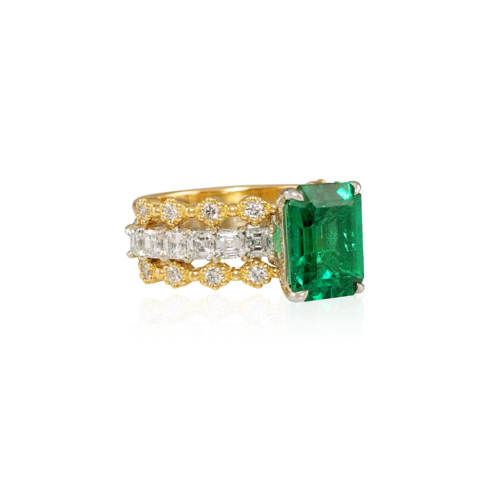 Emerald and Diamond Two Tone Wide Band Engagement Ring for Linda