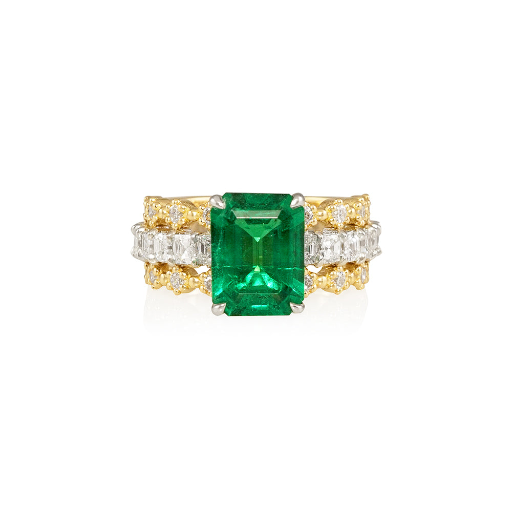 Emerald and Diamond Two Tone Wide Band Engagement Ring for Linda