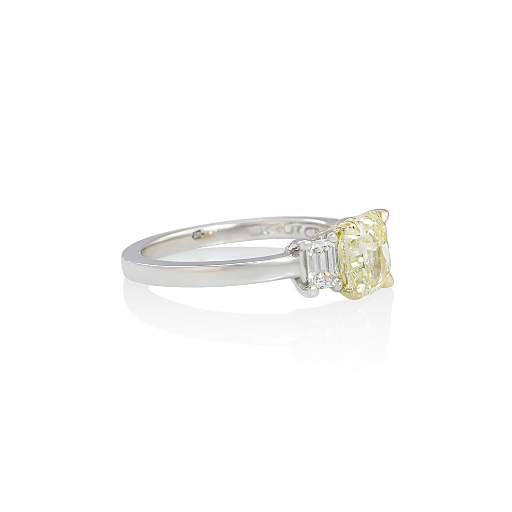 Fancy Yellow and Emerald Cut Three Stone Engagement Ring for Parnian