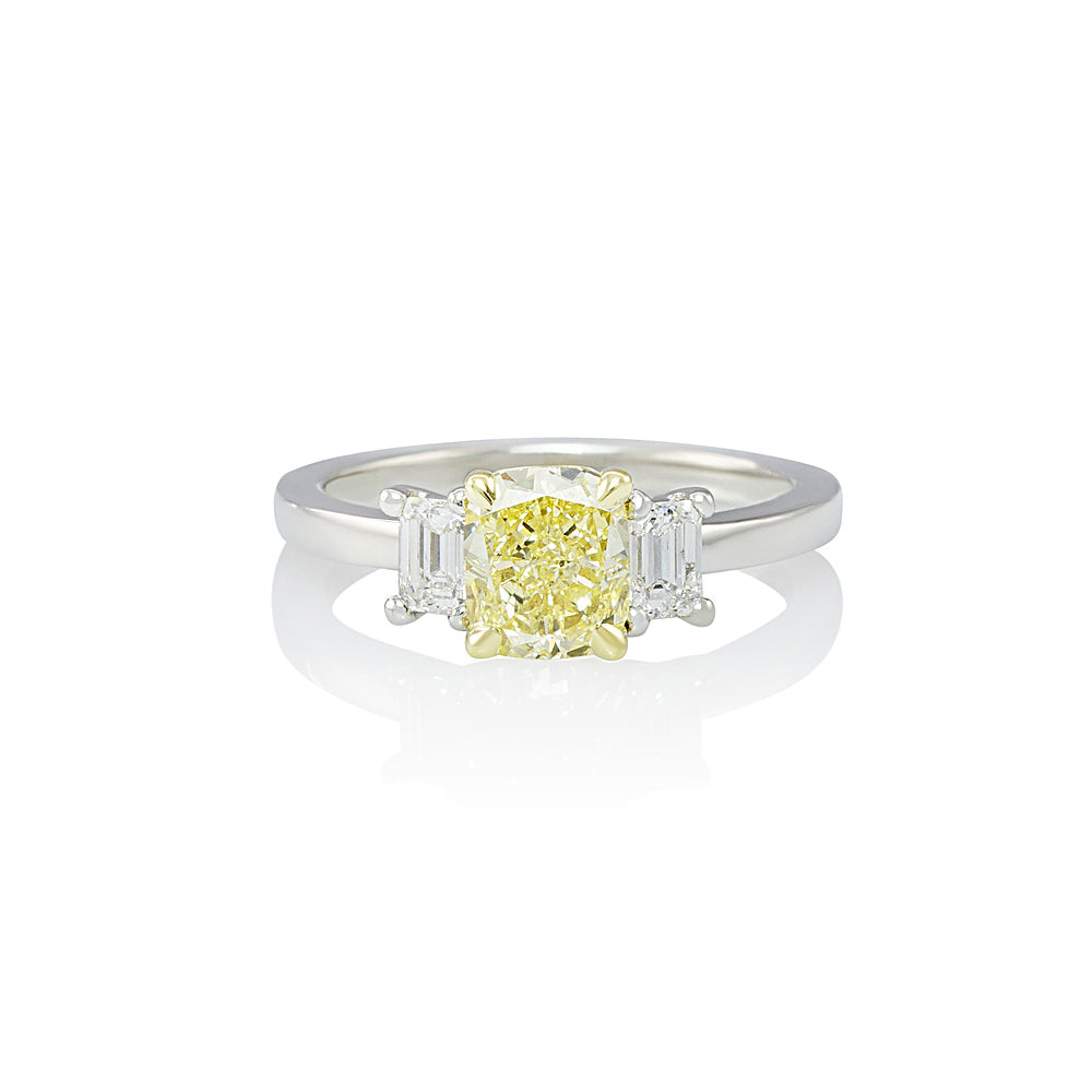 Fancy Yellow and Emerald Cut Three Stone Engagement Ring for Parnian