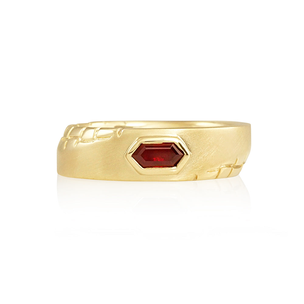 Hexagon Ruby Men's Ring with Textured Beveled Sections for Paul