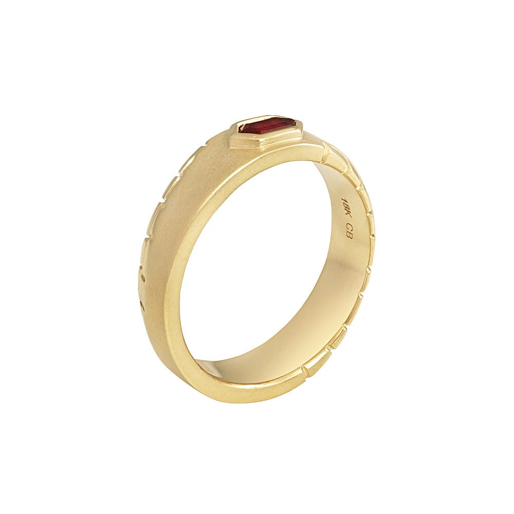 Hexagon Ruby Men's Ring with Textured Beveled Sections for Paul