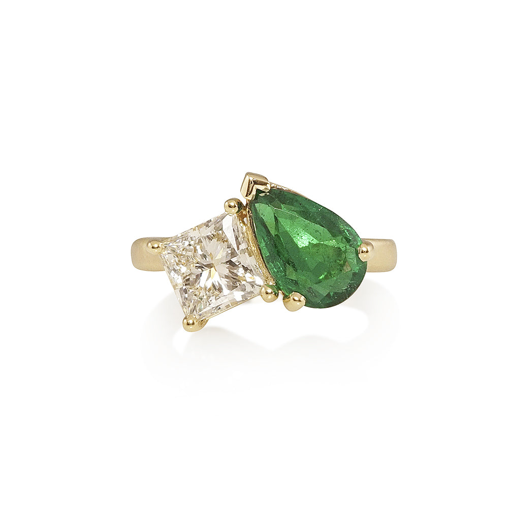 Princess and Pear Emerald Two Stone Engagement Ring