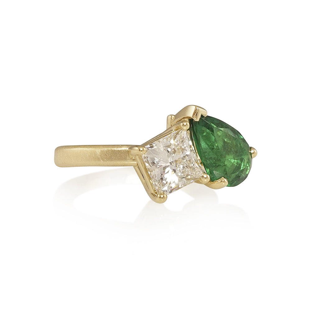 Princess and Pear Emerald Two Stone Engagement Ring