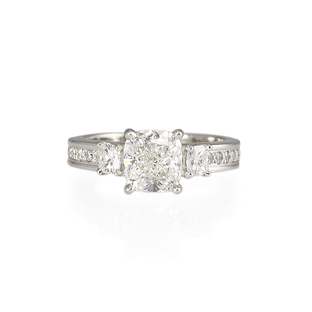 Rachel Three Stone Cushion Cut Engagement Ring