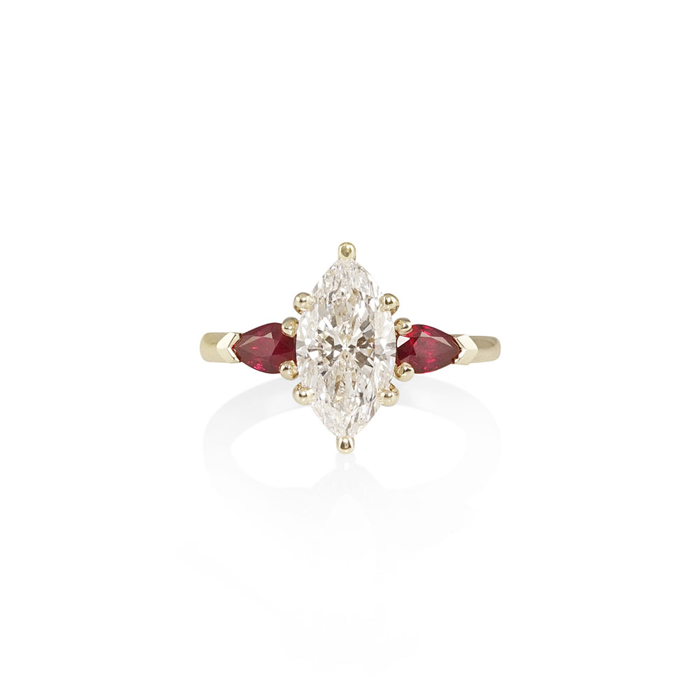 Marquise and Ruby Three Stone Engagement Ring for Rachita