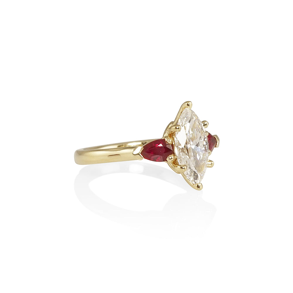 Marquise and Ruby Three Stone Engagement Ring for Rachita