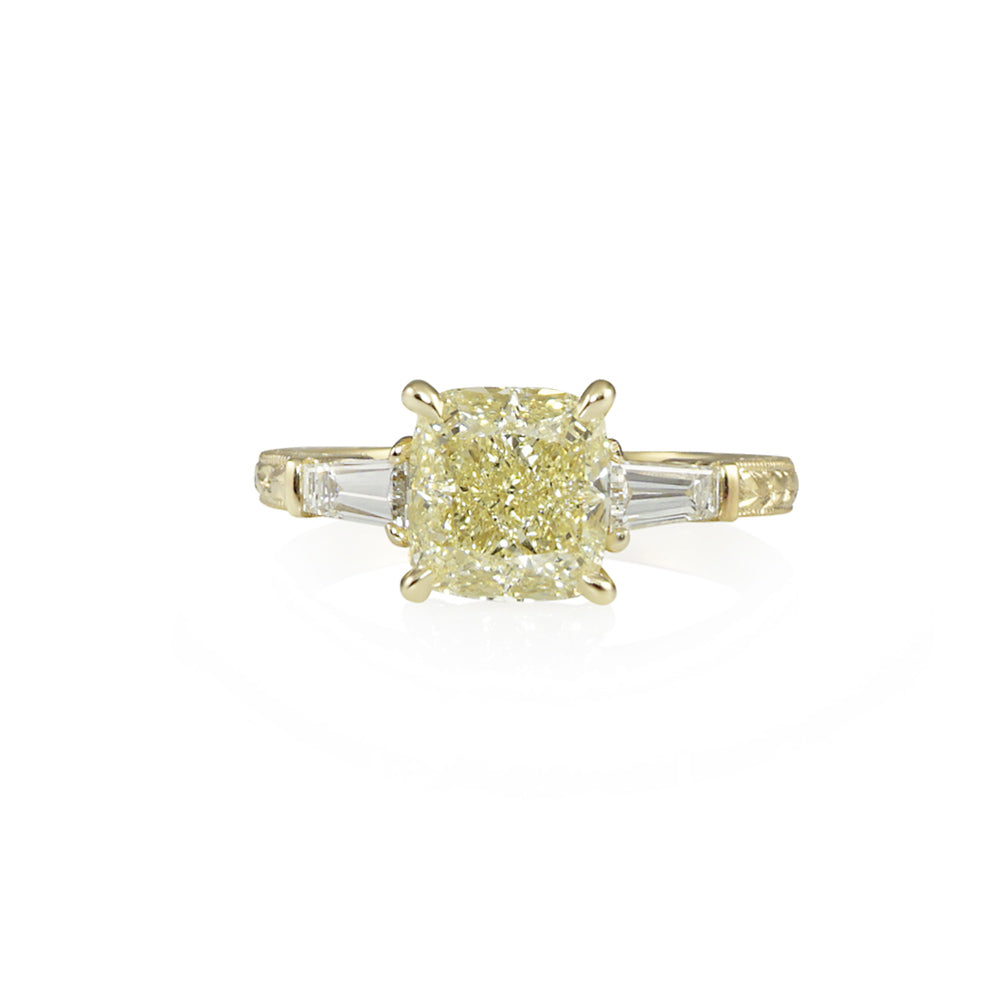 Romantic Fancy Yellow Three Stone Engagement Ring for Carolina