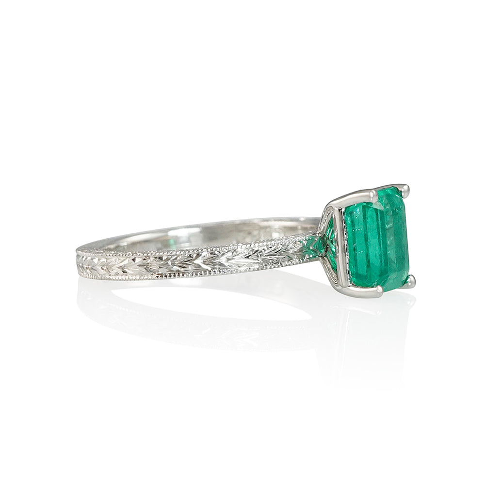 Hand Engraved Emerald Solitaire for Samantha