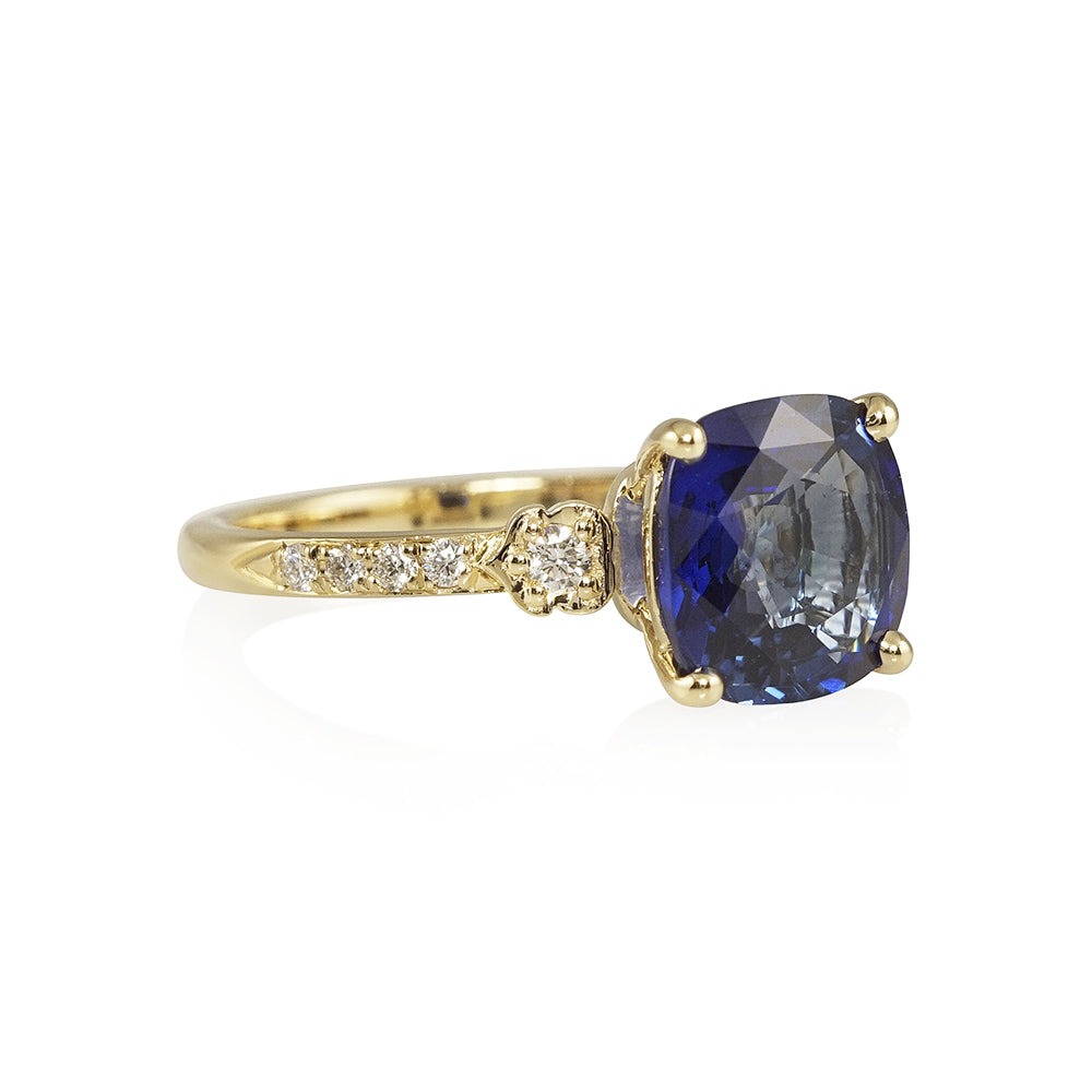 Sapphire with Side Diamond Flowers Engagement Ring for Sara