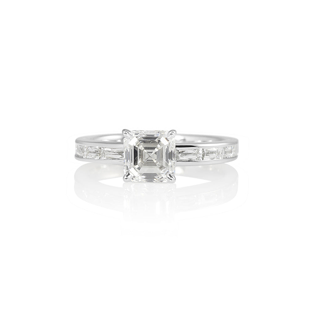 Sara Asscher Cut with French Cut Diamond Band Engagement Ring