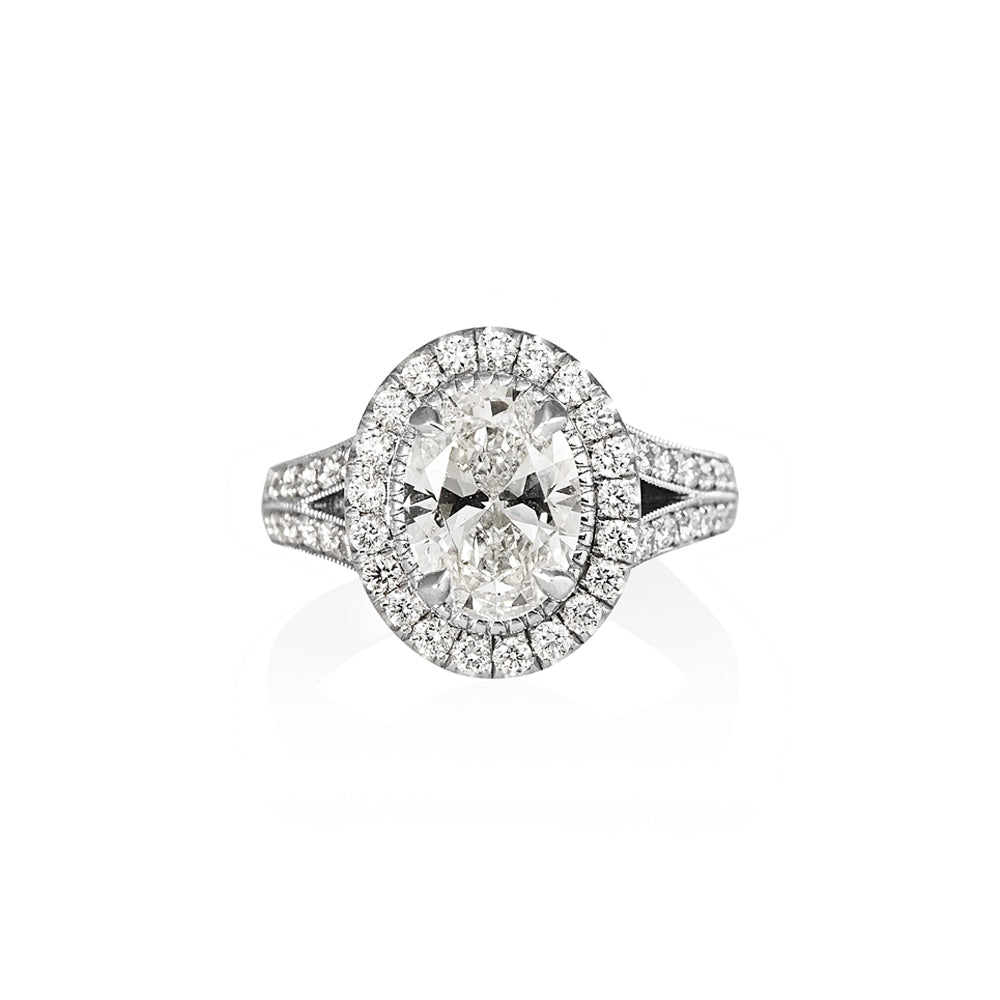 Sara Oval Diamond Halo and Split Shank Engagement Ring