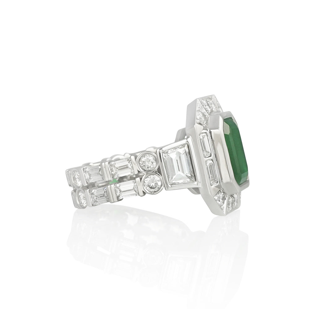 Exquisite Green Emerald and Fancy Diamond Halo Engagement Ring for Suzanne