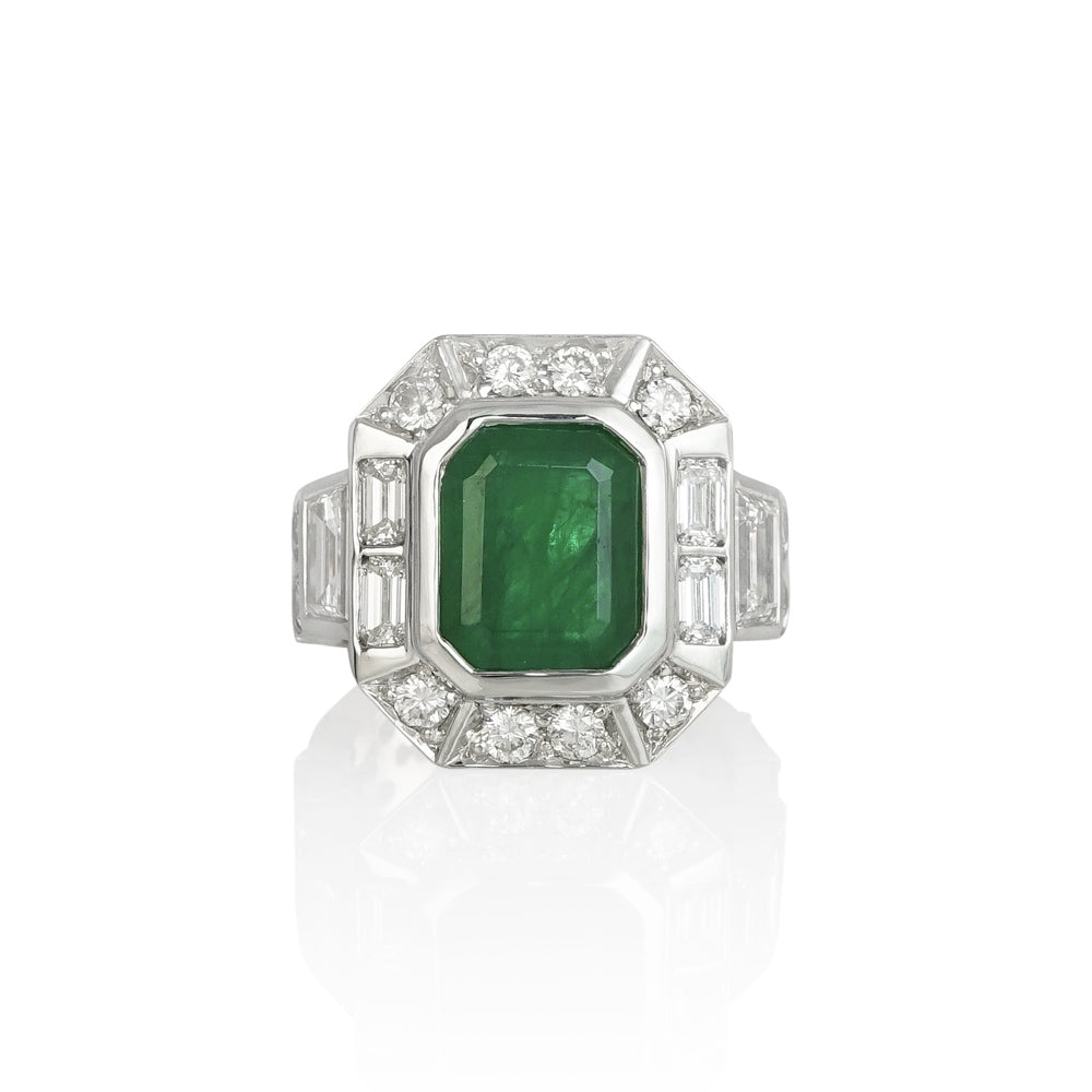 Exquisite Green Emerald and Fancy Diamond Halo Engagement Ring for Suzanne