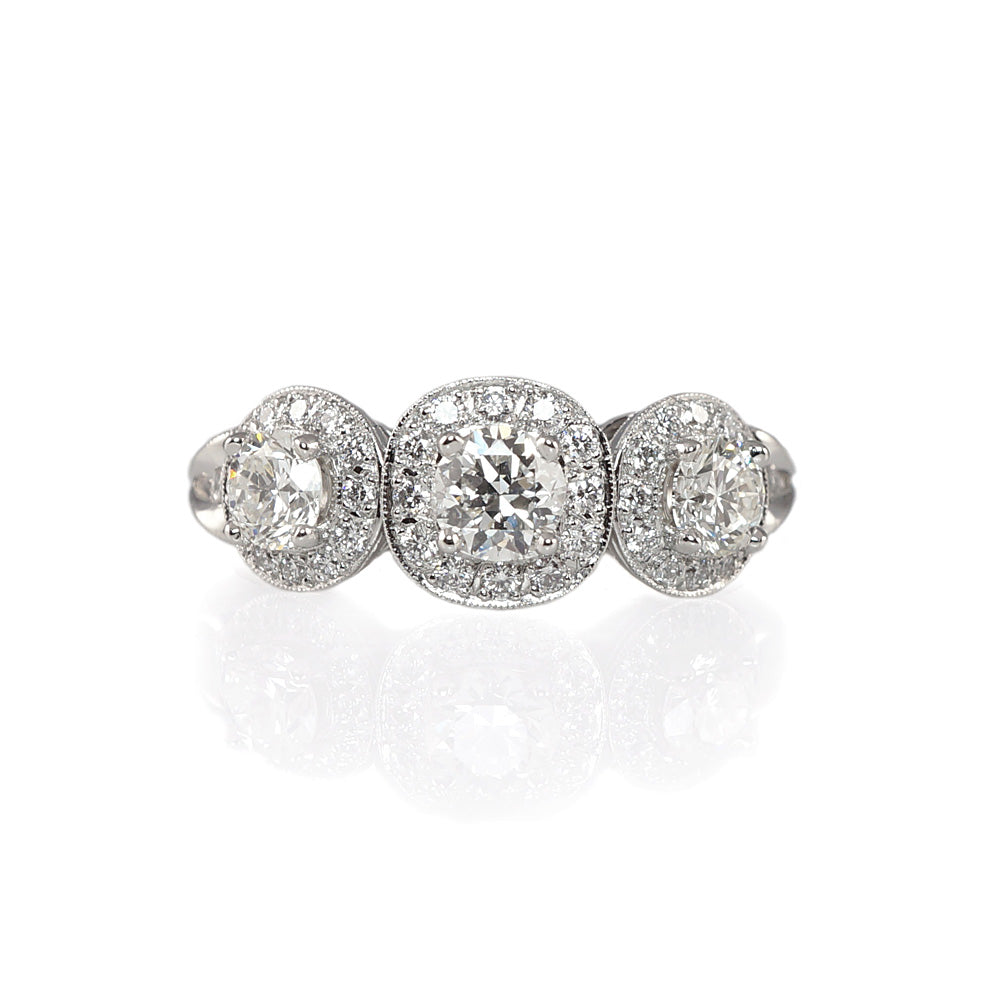 Alexandra Three-Stone Diamond Halo Engagement Ring