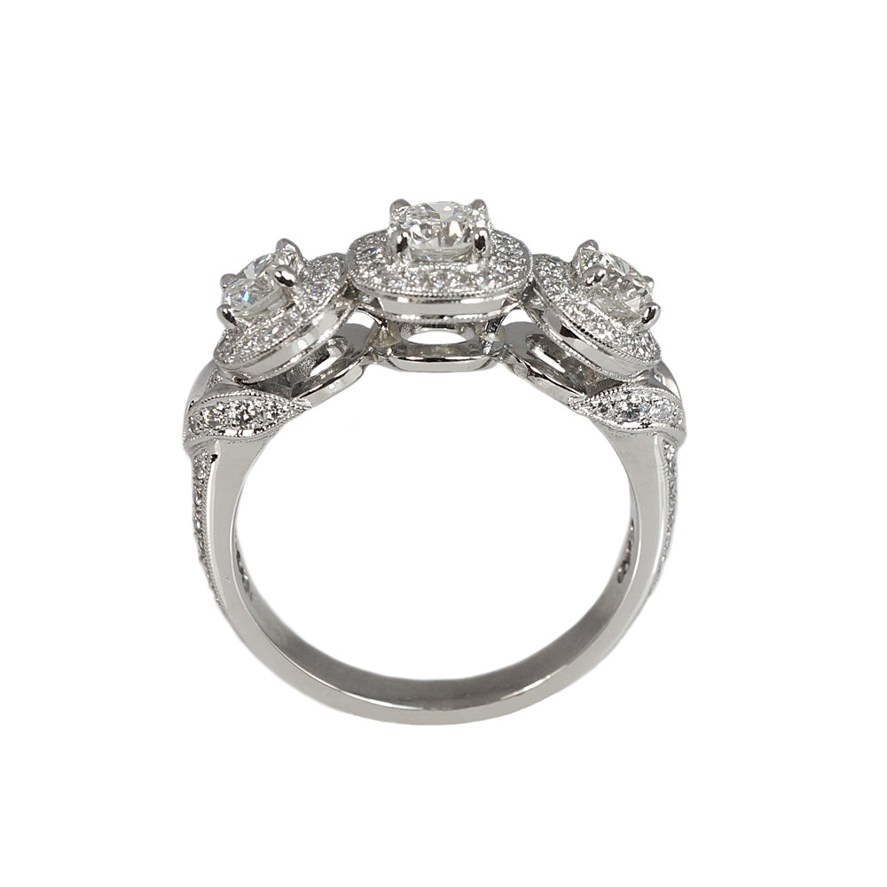 Alexandra Three-Stone Diamond Halo Engagement Ring