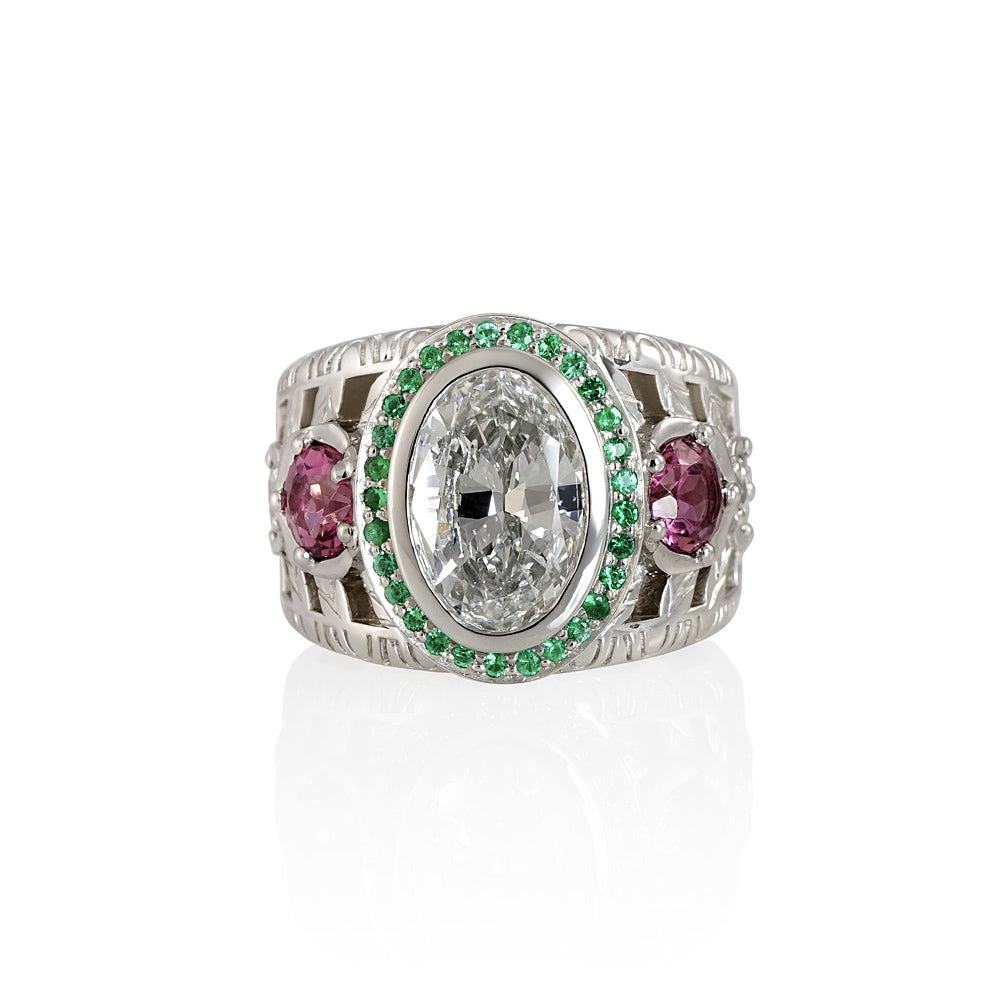 Oval Diamond Green Emerald and Pink Tourmaline Ring for Annmarie