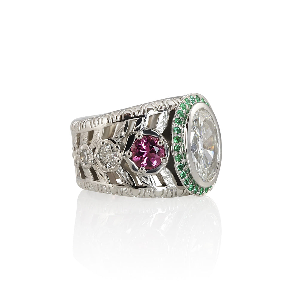 Oval Diamond Green Emerald and Pink Tourmaline Ring for Annmarie