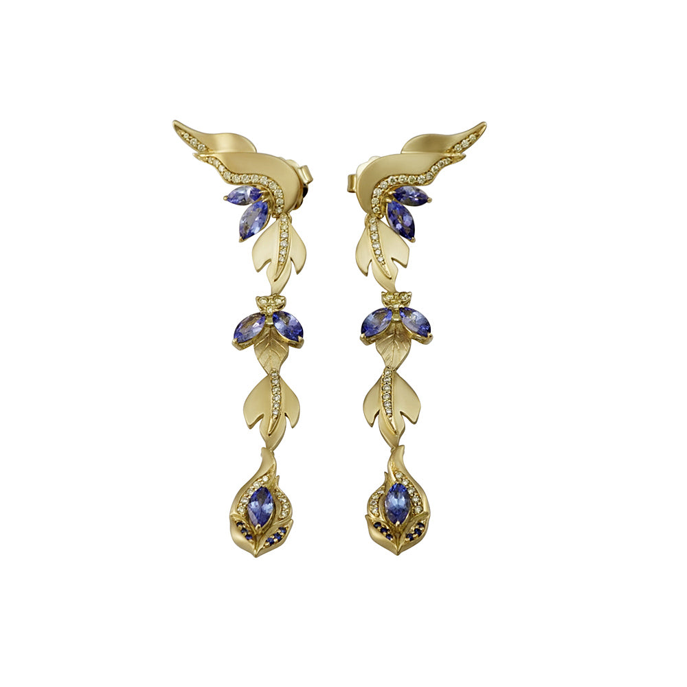 Yellow Gold Leaf Drop Earrings with Fancy Yellow Diamonds and Tanzanites