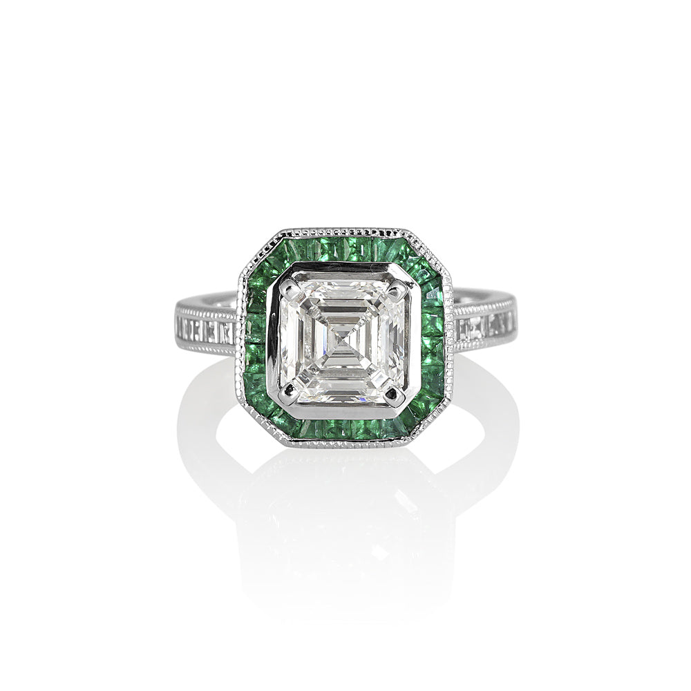 Sheetal Asscher and Emerald Halo Engagement Ring